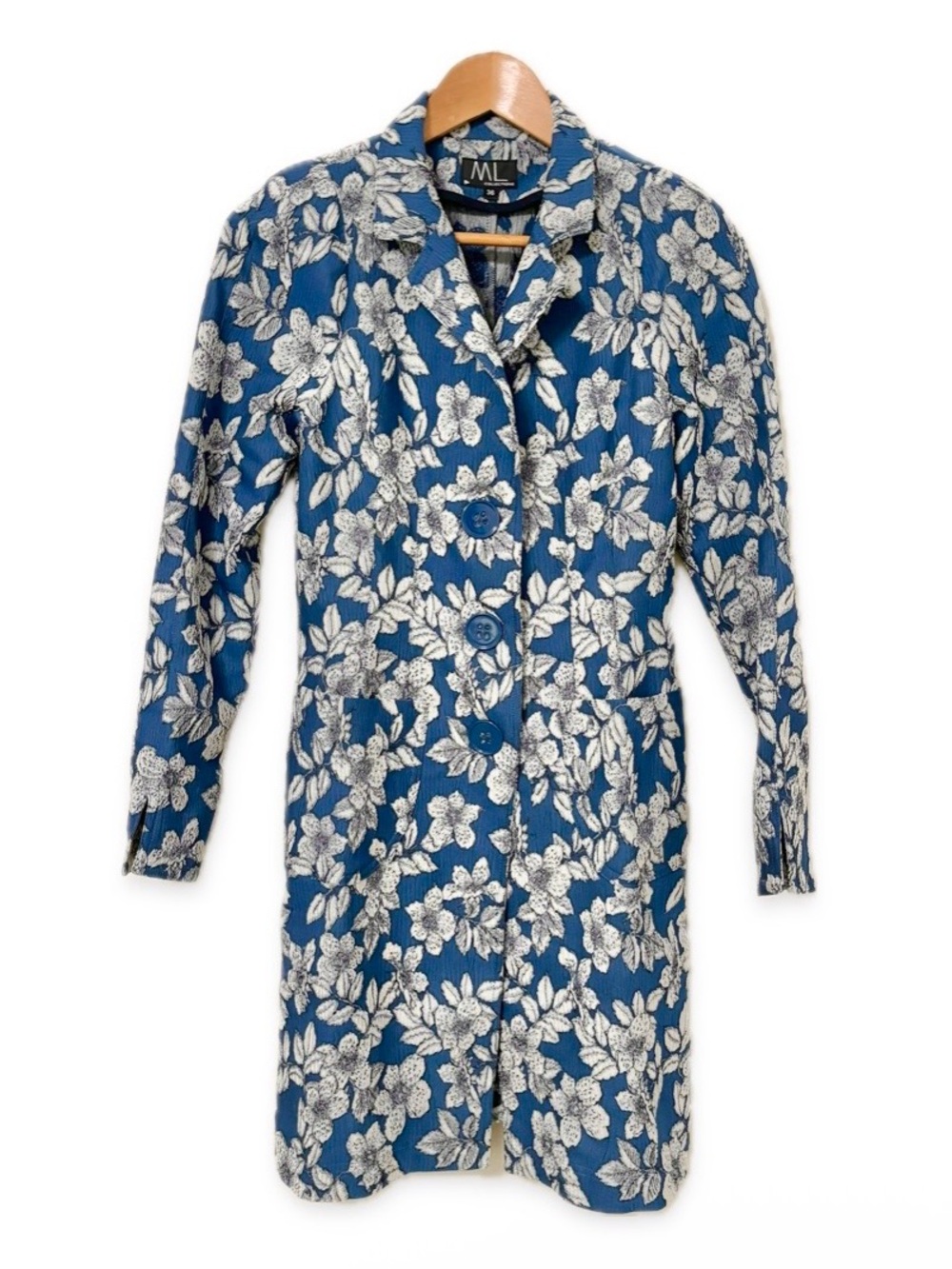ML Collections Floral Jacquard Long Jacket Coat EU 36 European Designer Blue S